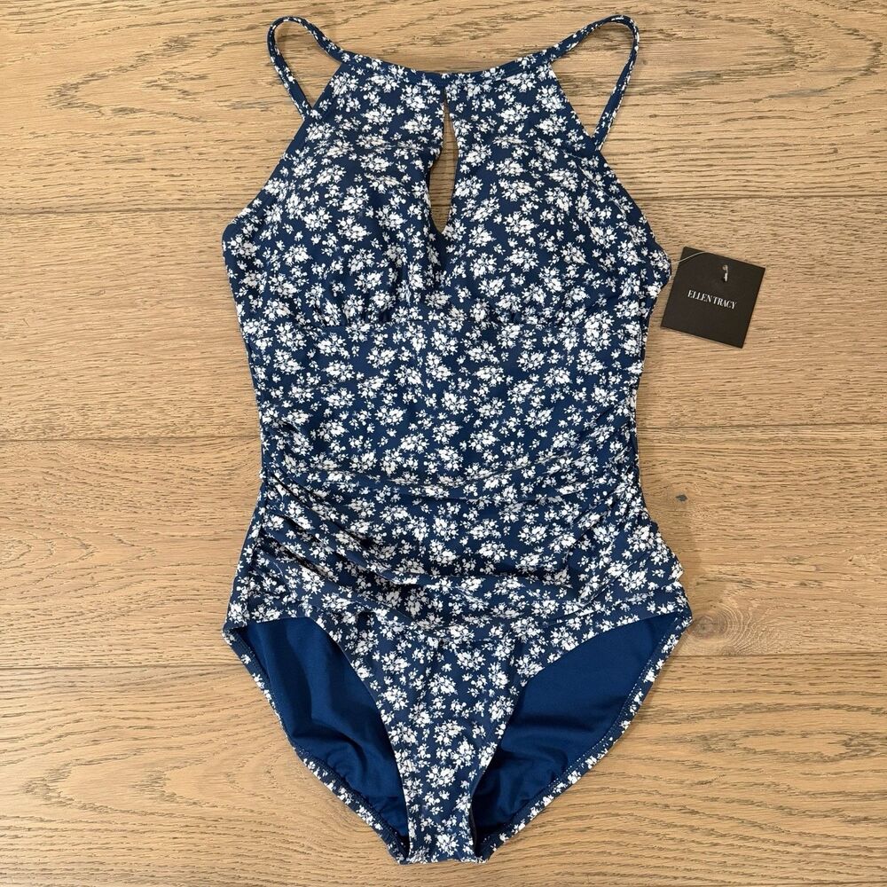 Ellen Tracey Midnight Floral One Piece Swimsuit NWT Women’s 12 Tummy Control